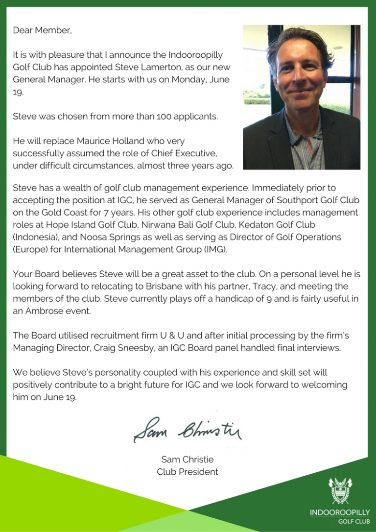 NEW GM LETTER Indooroopilly Golf ClubIndooroopilly Golf Club