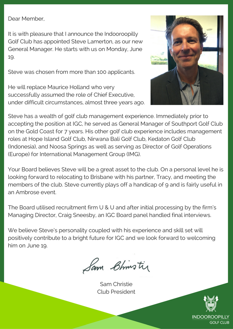 NEW GM LETTER - Indooroopilly Golf ClubIndooroopilly Golf Club