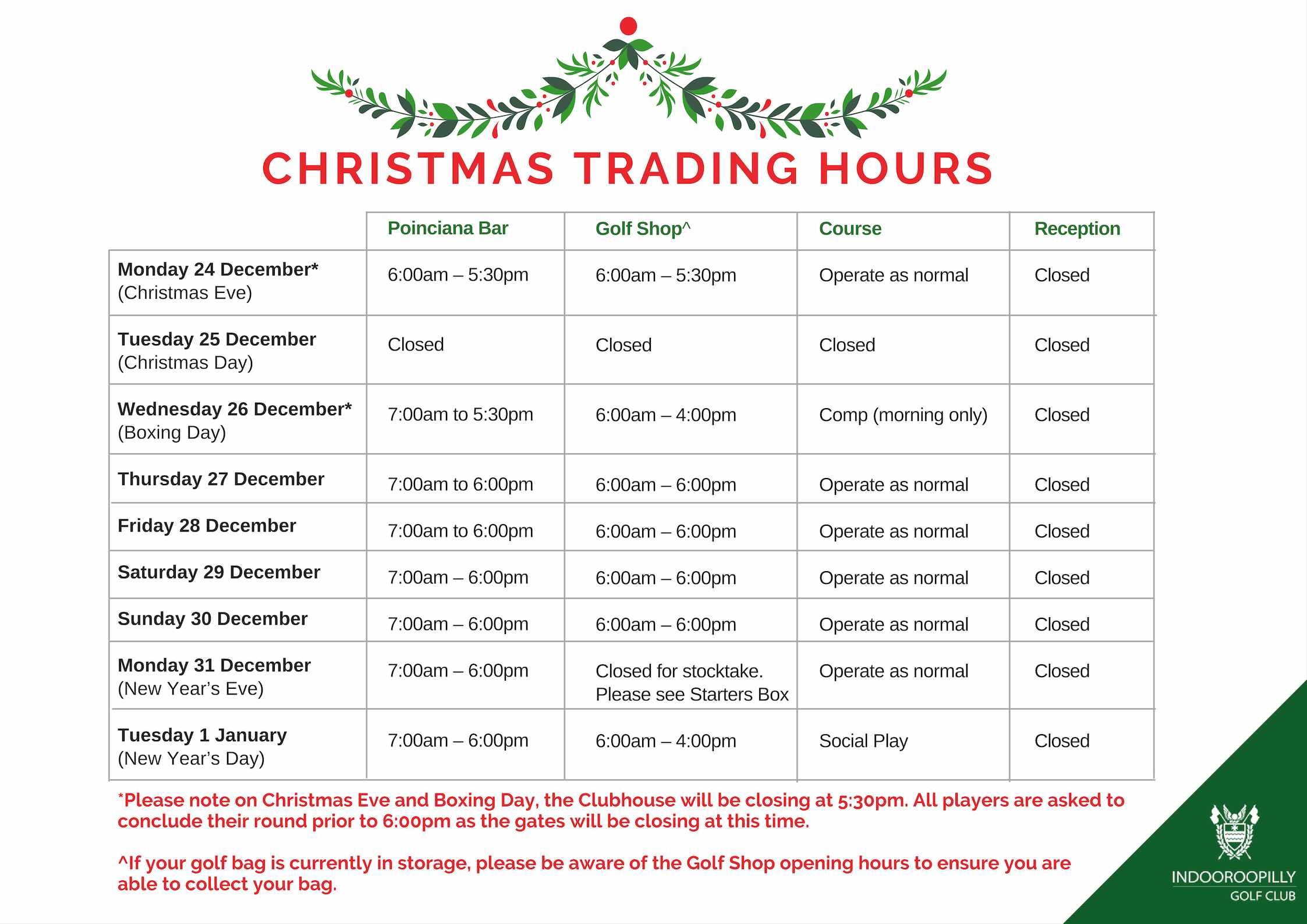 Christmas Trading Hours 2018 Indooroopilly Golf ClubIndooroopilly
